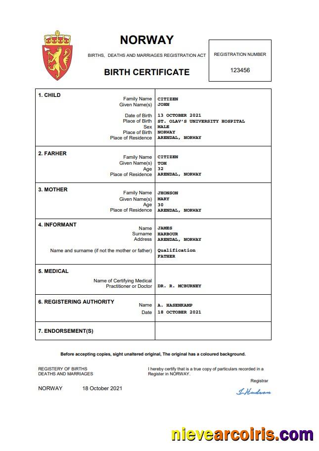 Norway birth certificate